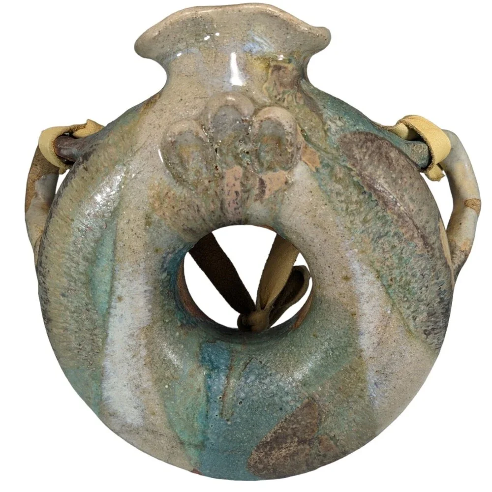 Vintage Drip Glaze Ceramic Hanging Water Jug Donut Jug Bottle Canteen - Picture 1 of 9